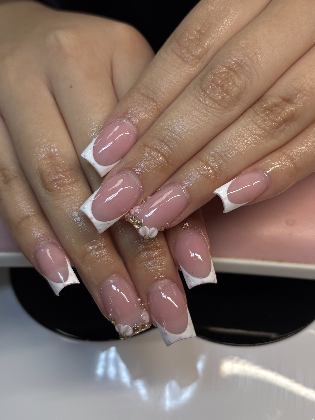 Medium white French set with tiny sculpted 3D flowers