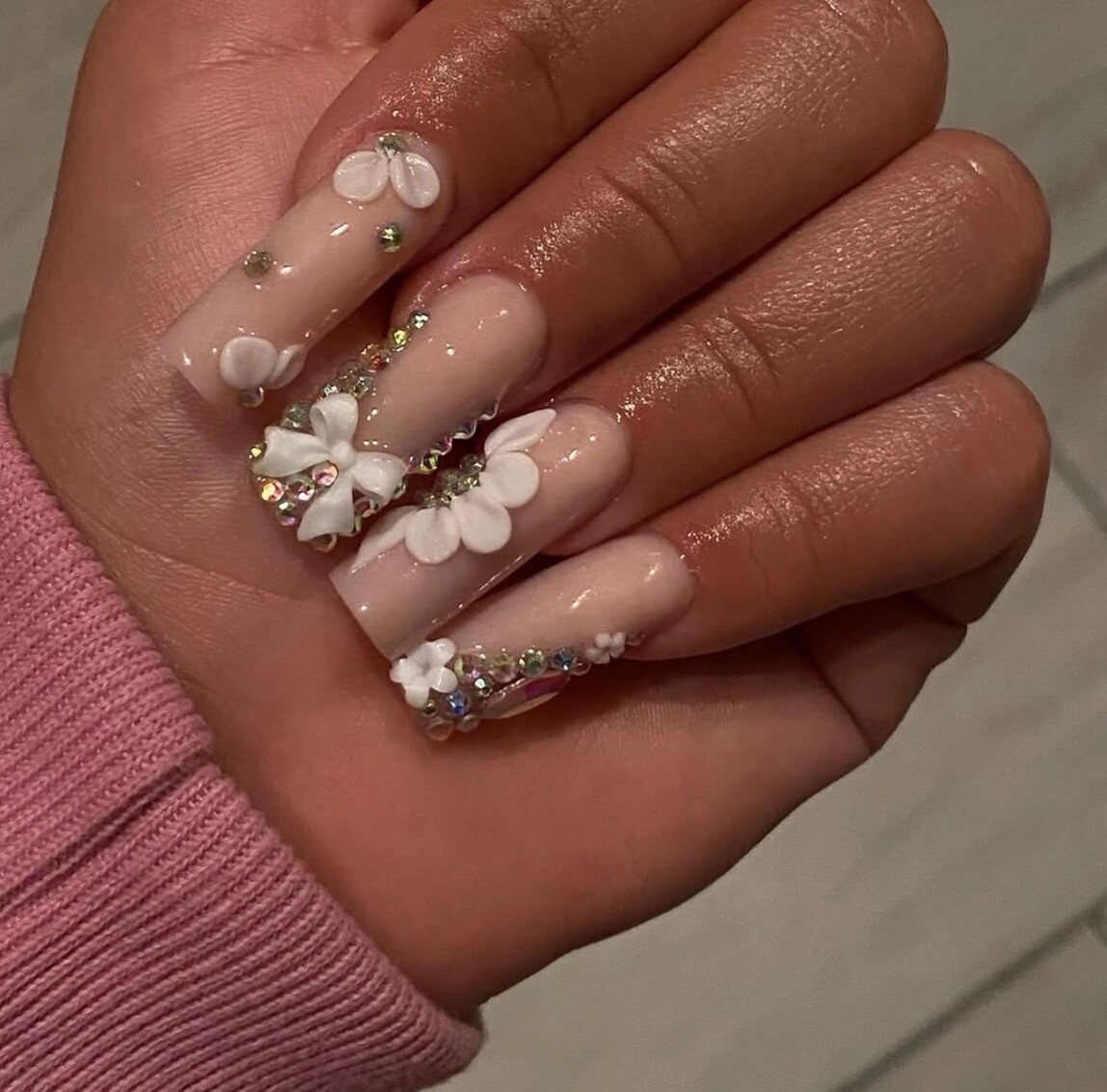 Extra long white coffin acrylic set with 3D flowers