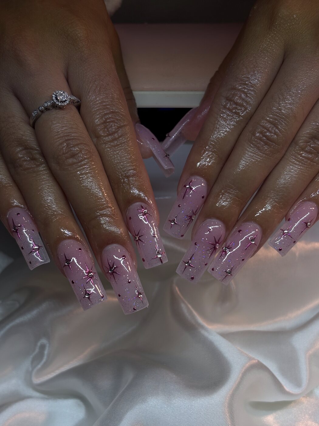 Pink shimmer coffin set with celestial star art and rhinestones